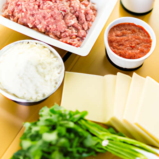 Fresh ingredients for Dutch oven lasagna, including lasagna noodles, ground beef, marinara sauce, ricotta cheese, and herbs.