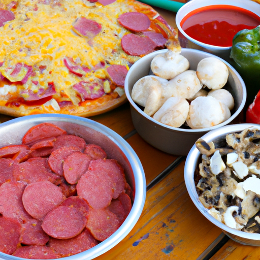 Colorful and delicious pizza toppings ready to be added to your dutch oven pizza.